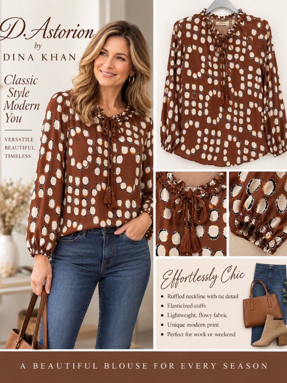 D. Astorion by Dina Khan Brown Abstract Print Tie Neck Blouse Size M